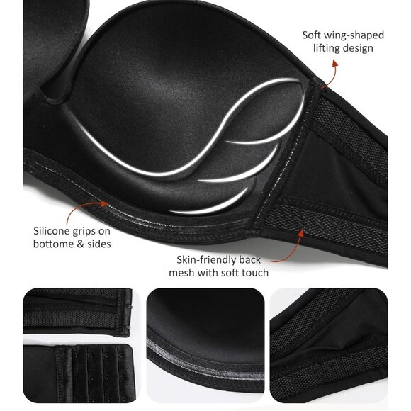 Women's Black Strapless Bra Push Up Anti-slip Support Lift Up Wire-free Bra - Picture 5 of 7